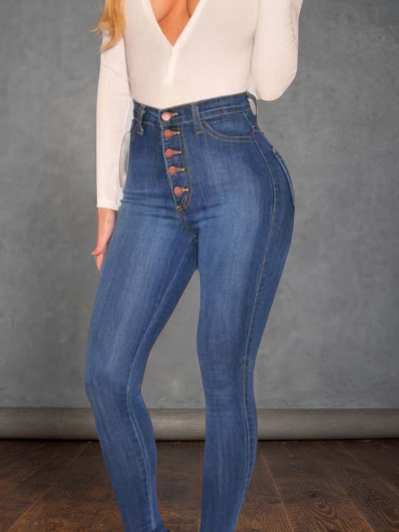 Jean femme taille haute boucle bleu moyen stretch