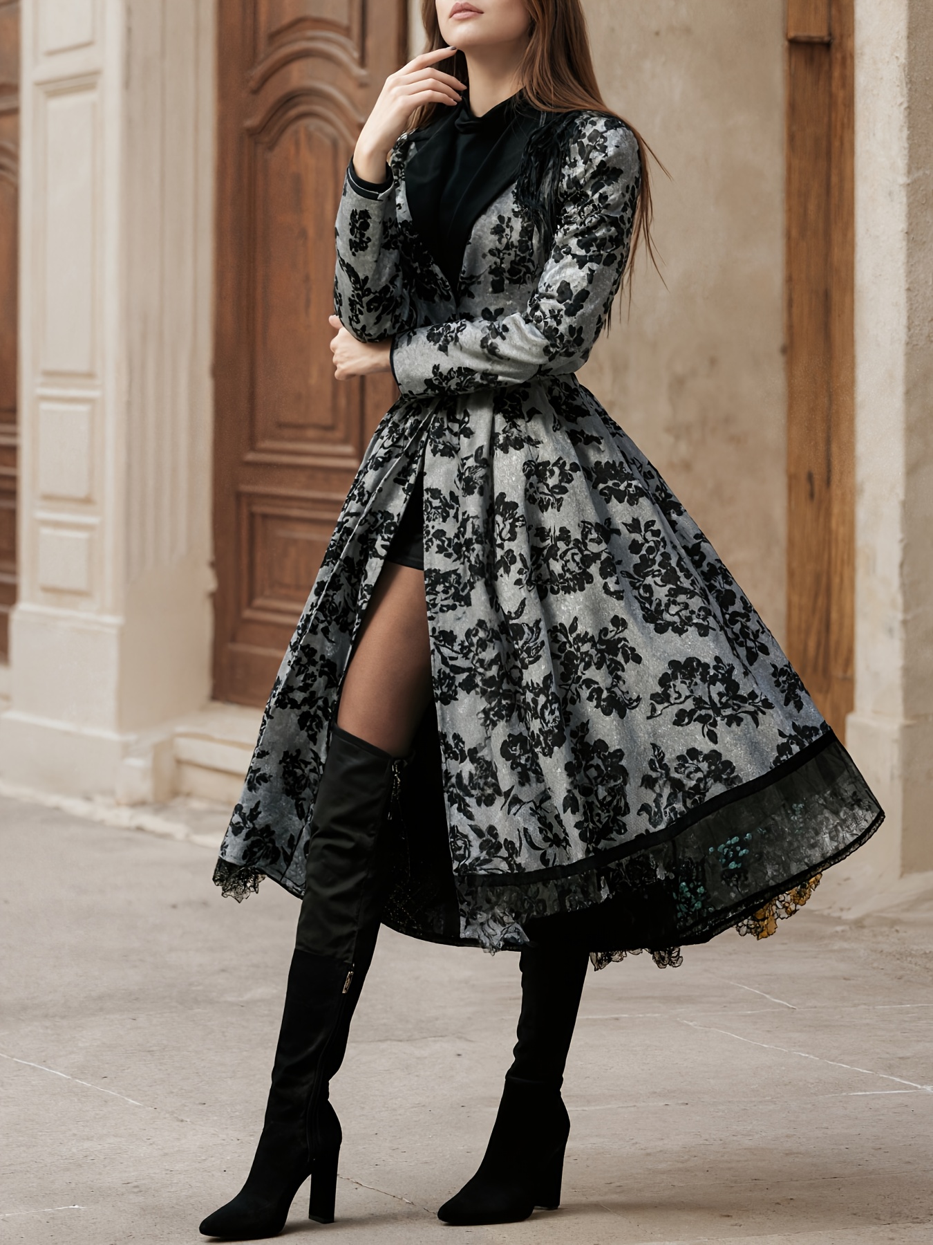 Robe Soirée Femme Nouvelle Dentelle Floral Manche Longue