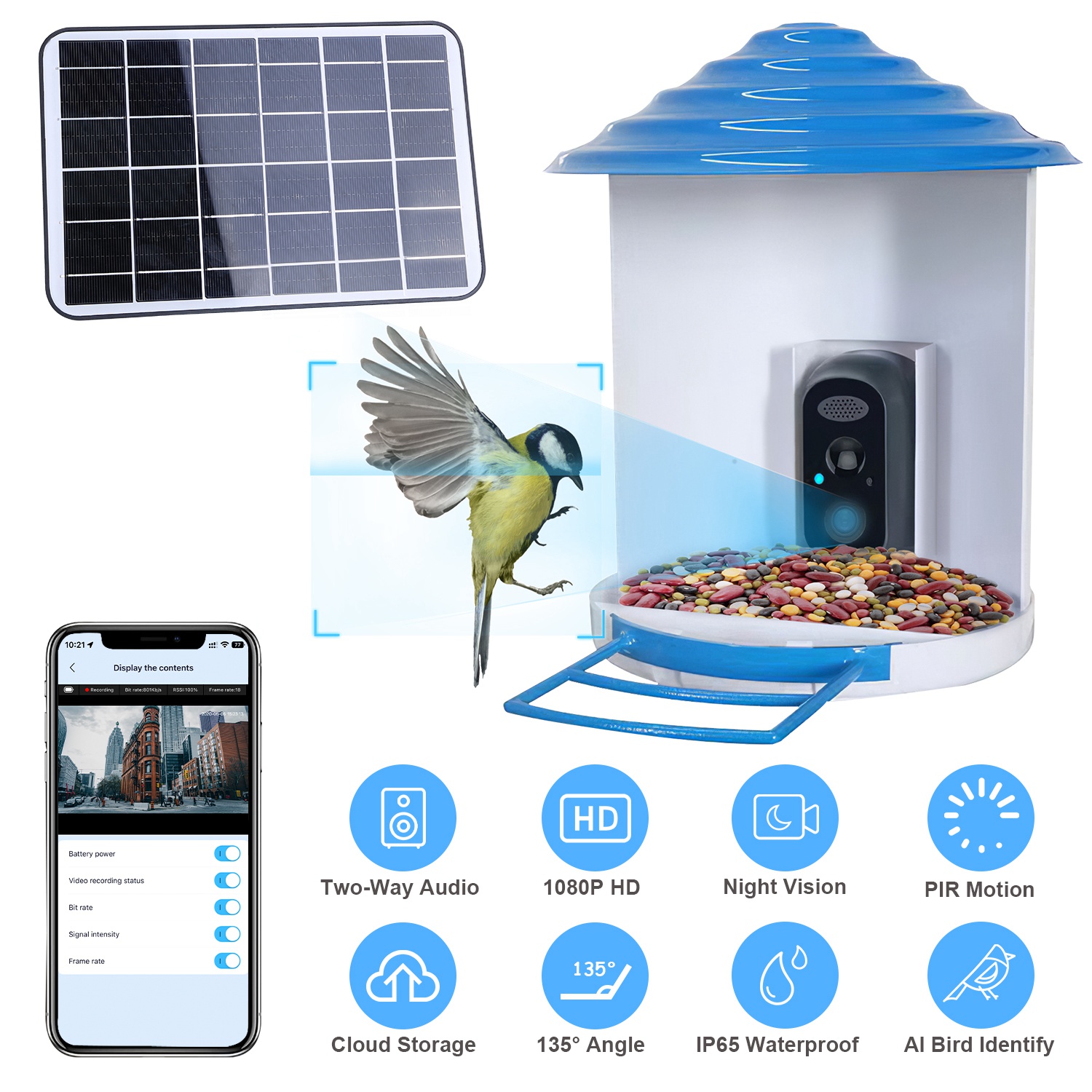 Mangeoire oiseaux intelligente caméra solaire 1080P HD WiFi