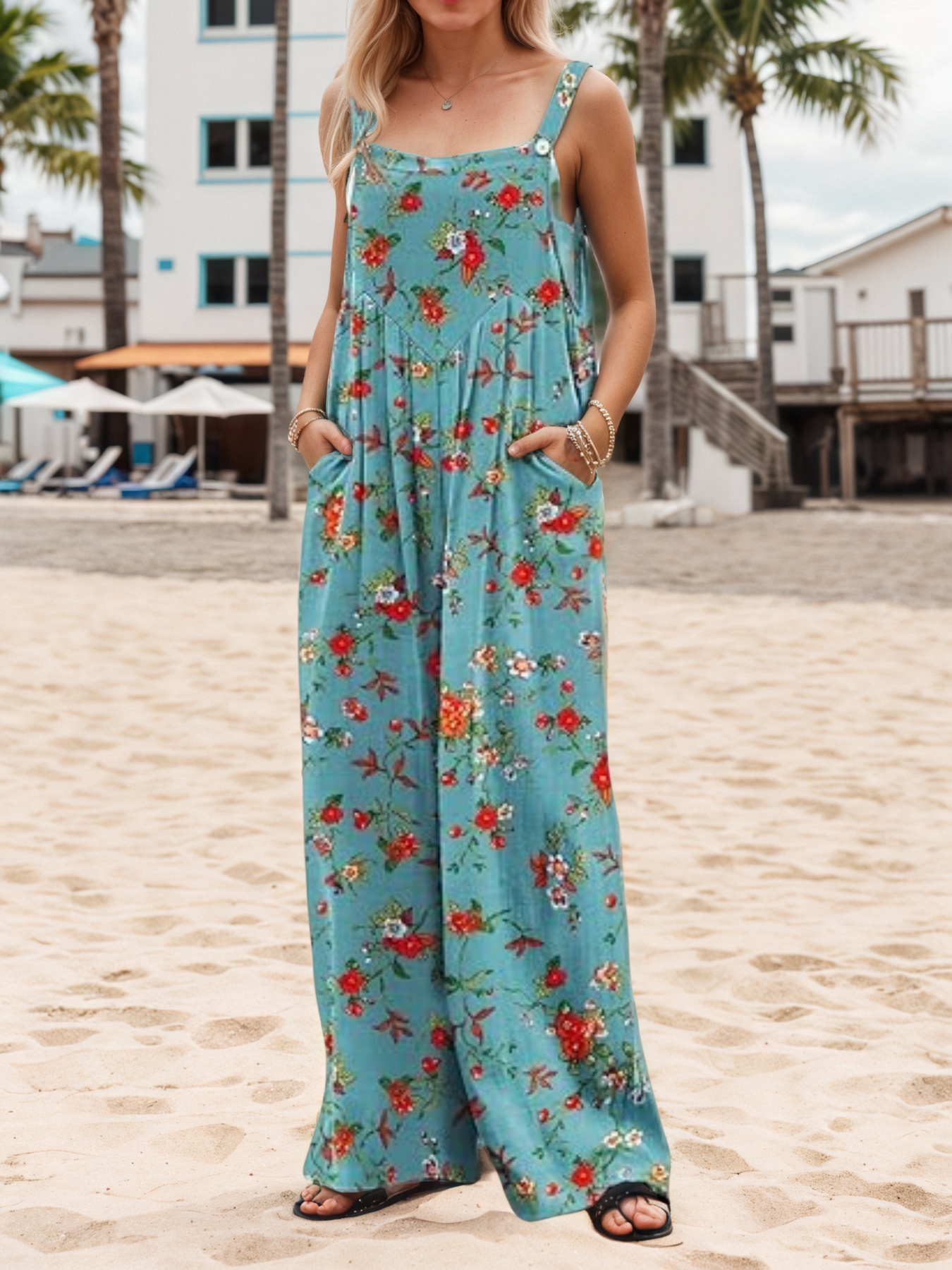 Salopette combinaison large pantalon floral femme été