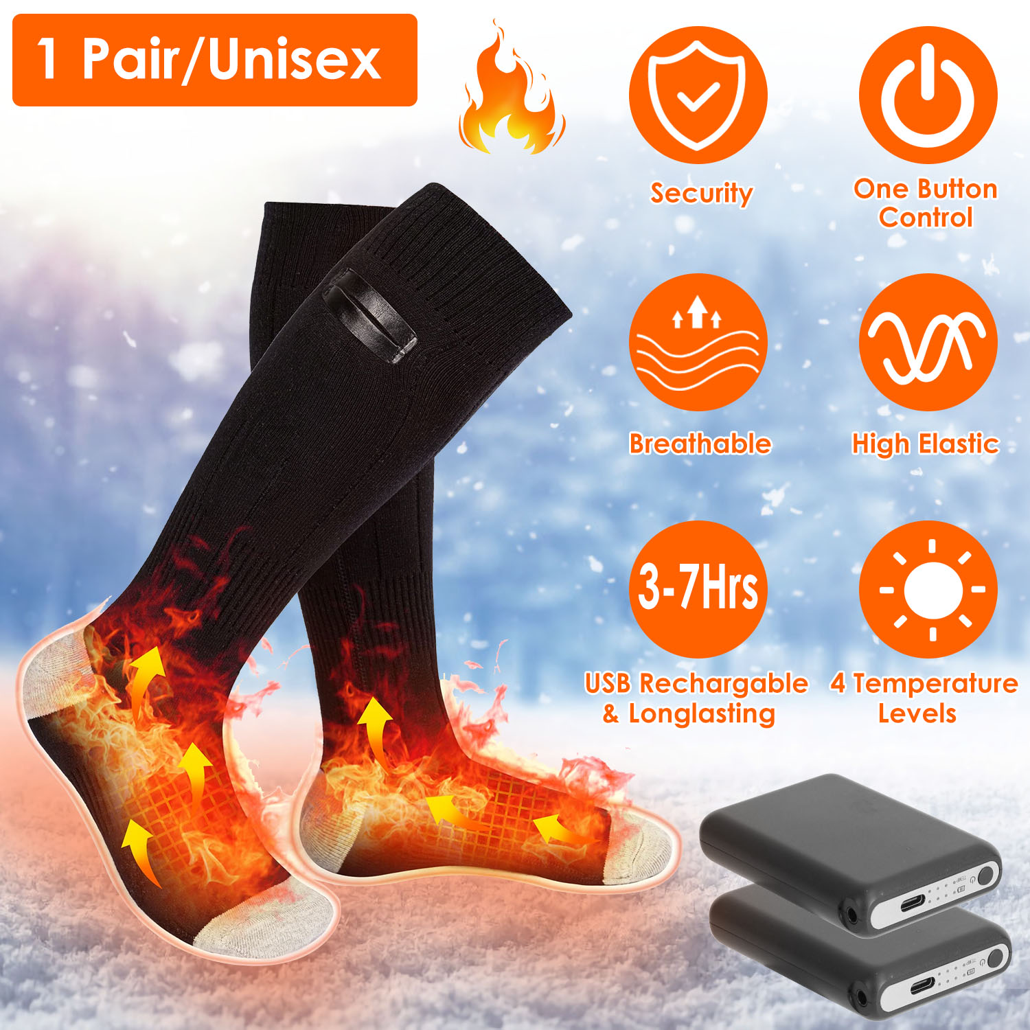 1 paire chaussettes chauffantes électriques homme/femme 4 niveaux
