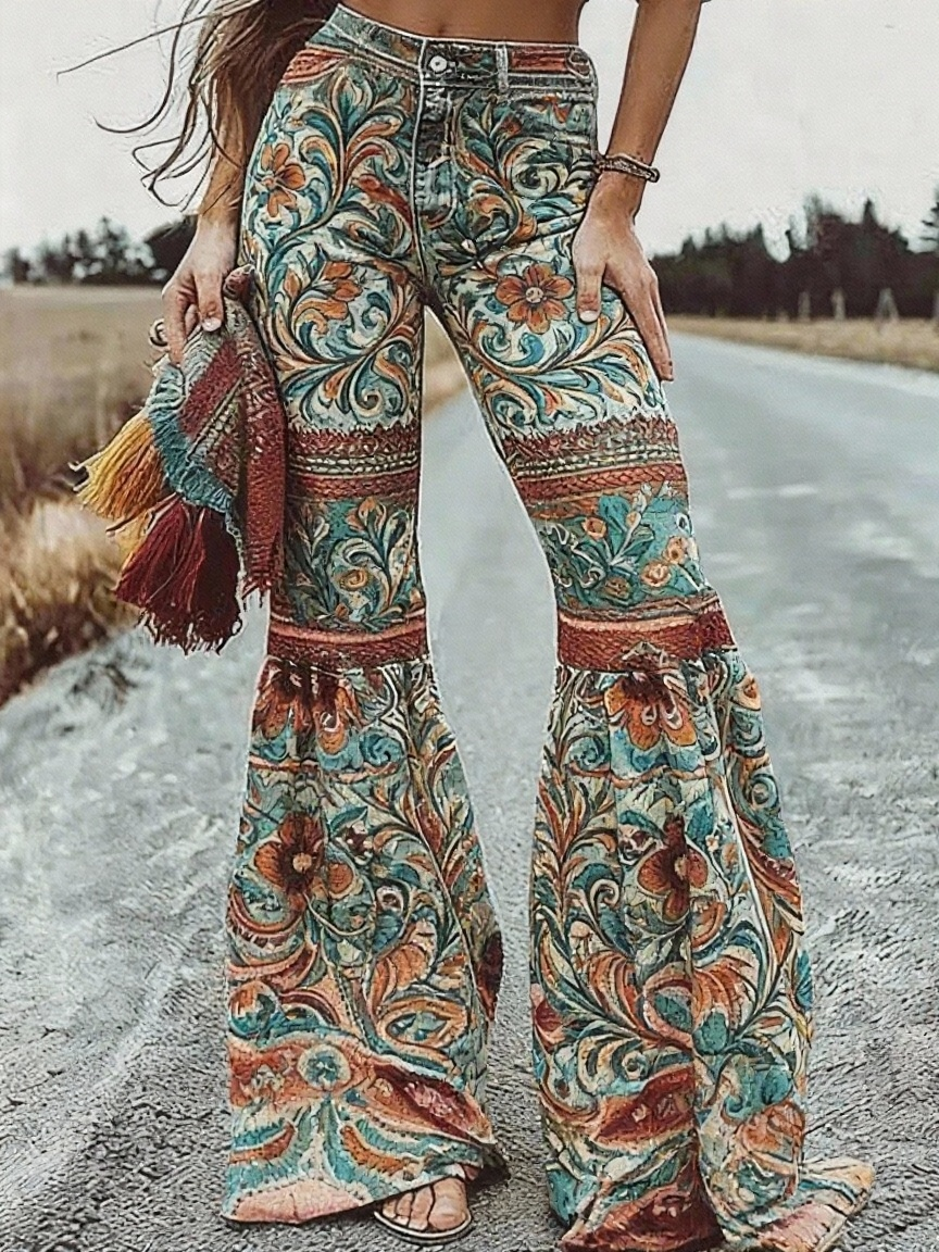 Pantalon évasé imprimé boho volants