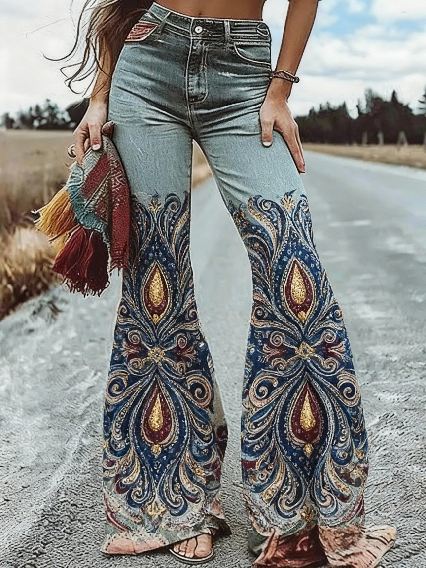 Jean évasé imprimé floral taille haute poches