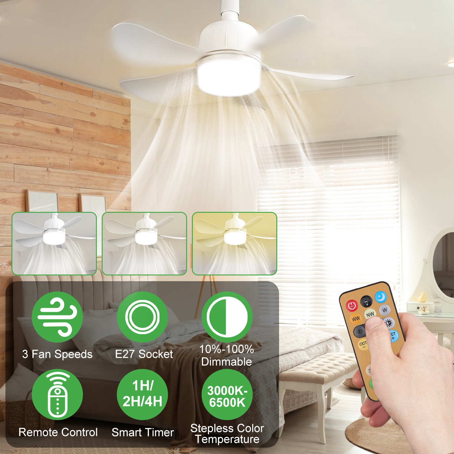Ventilateur plafond socket 12W LED gradable 3 vitesses