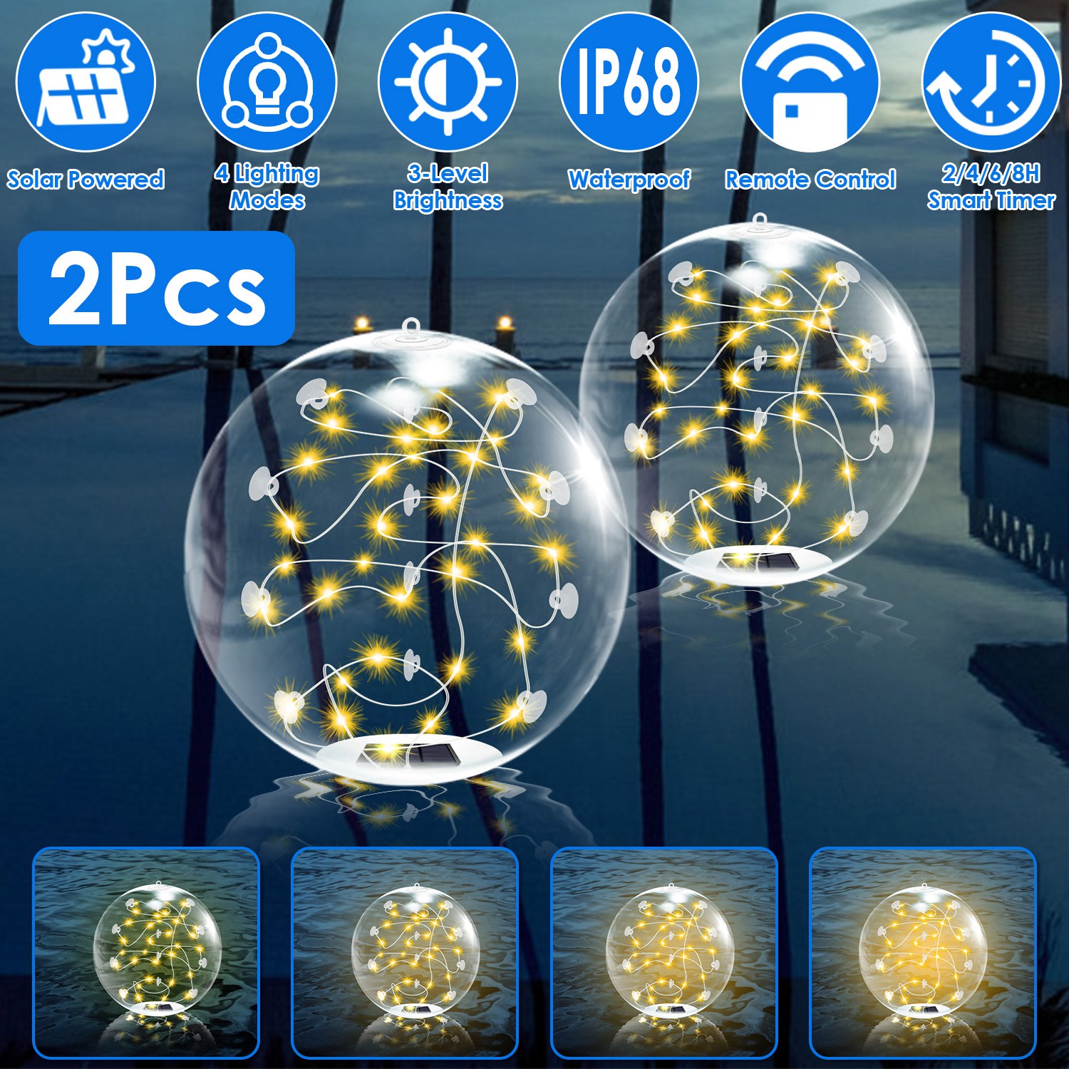 2 balles lumineuses piscine 14po énergie solaire IP68 télécommande
