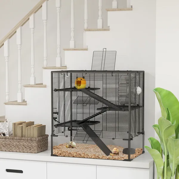 Cage hamster 4 étages verre, roue, biberon