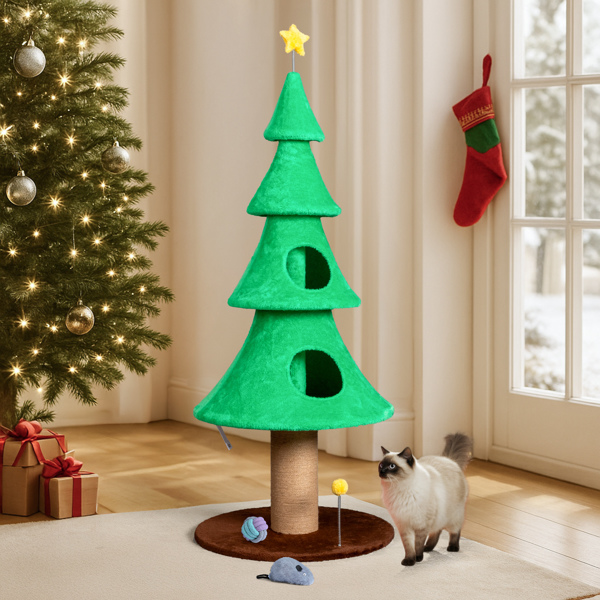 Arbre Noël chat 59po Grand 2 condos Sapin vert