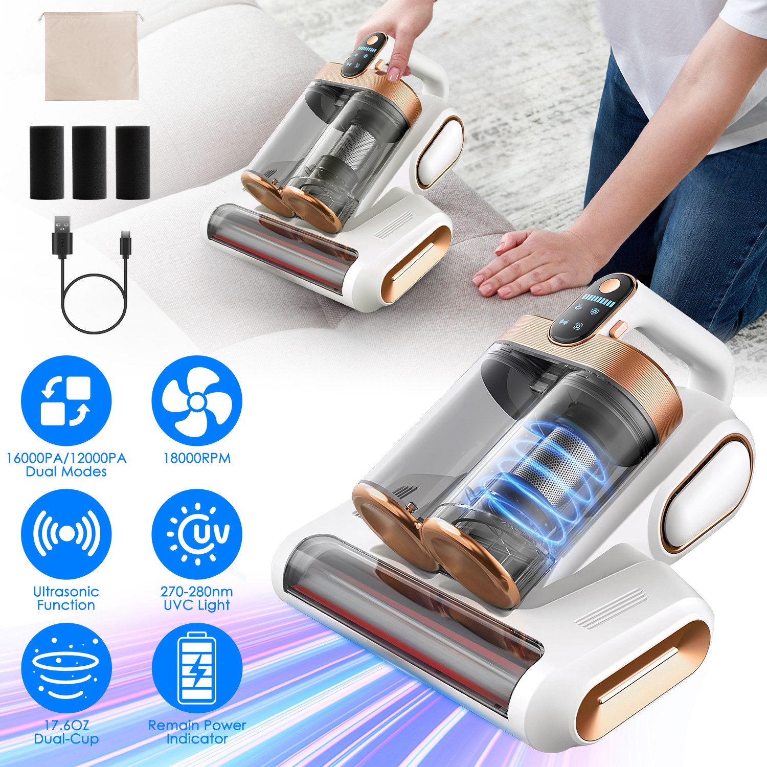 Aspirateur matelas 16Kpa UV UVC 18000RPM dual réservoirs