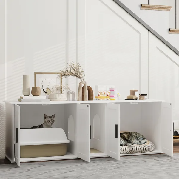 Bac à litière fermé double chambre, tapis à griffer pour 2 chats