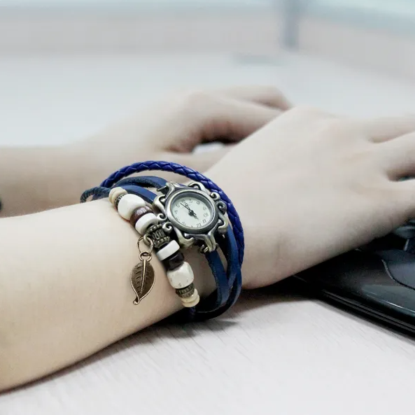 Montre Femme Cuir Feuille Arbre Bohème Rétro Bleu