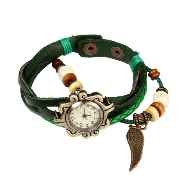 Montre femme cuir bohème rétro ailes d'ange artisanale