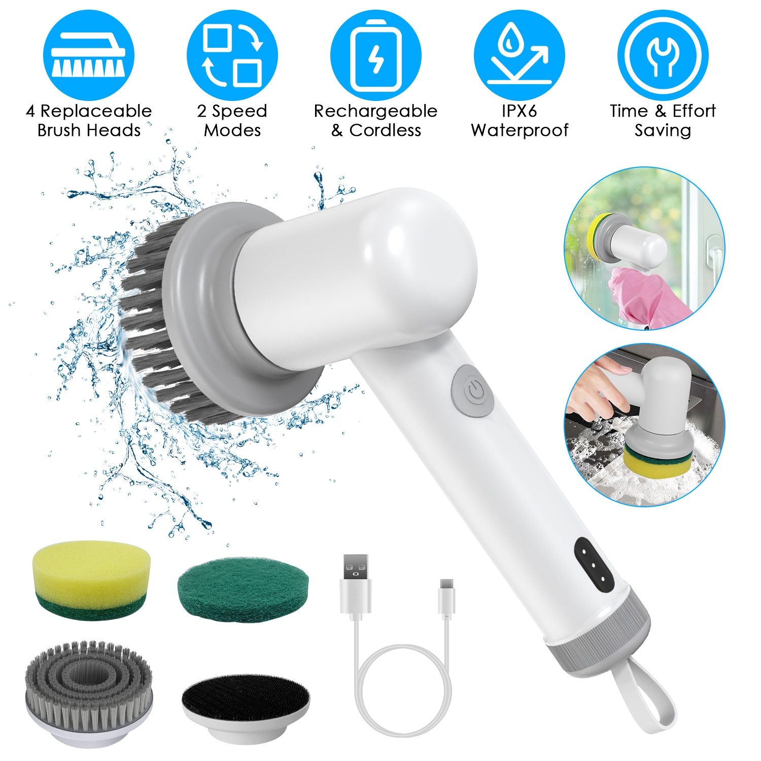 1set brosse nettoyage électrique rechargeable 2 vitesses 3 brosses
