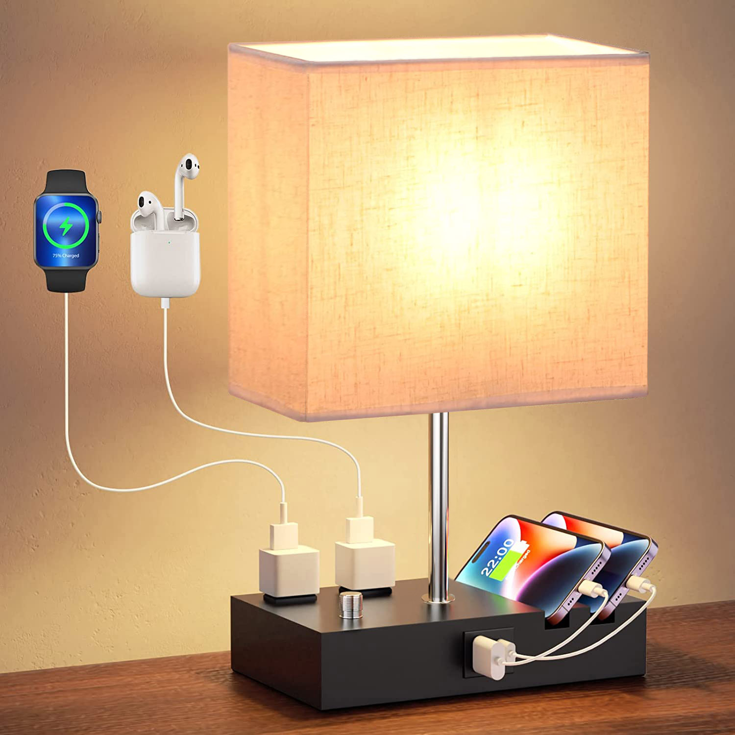 Lampe table dimmable USB, ports prise, LED