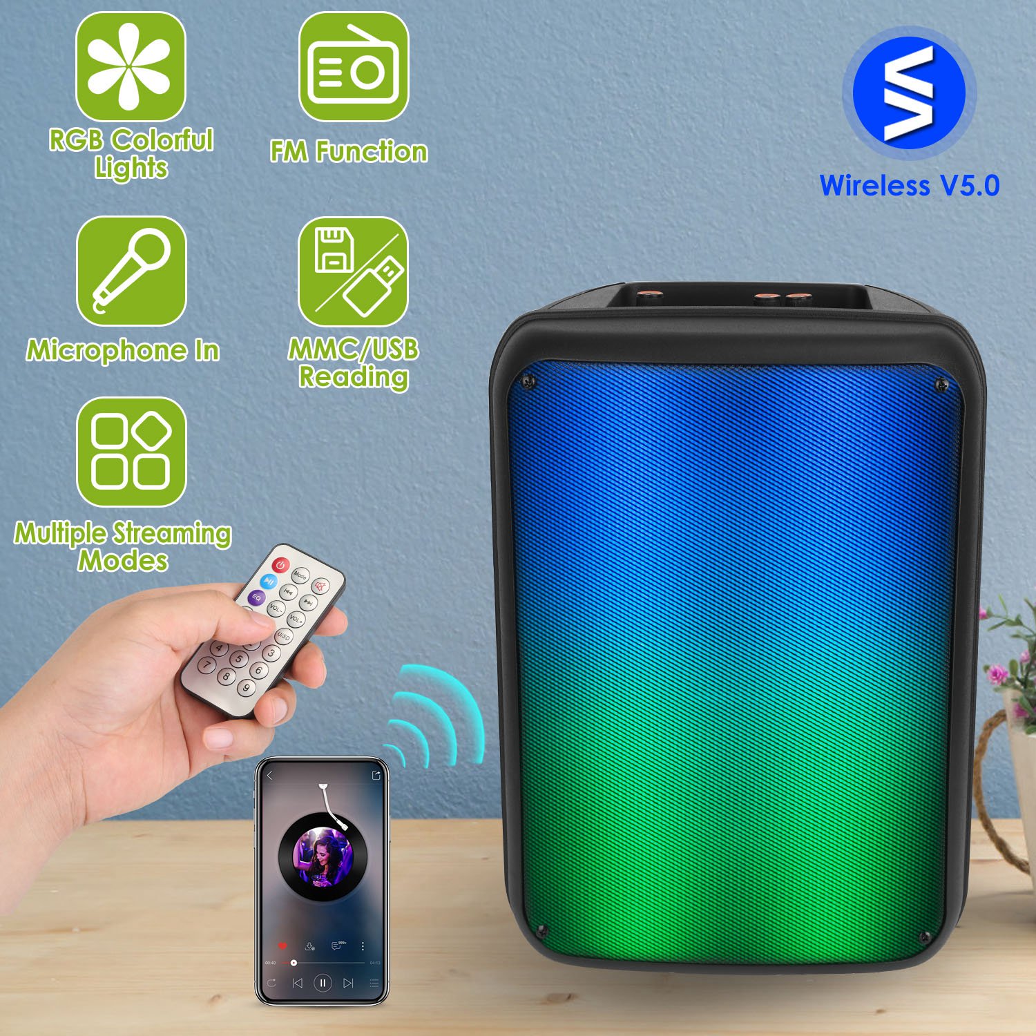 Enceinte Party portable 8po lumières DJ avec FM, USB, micro