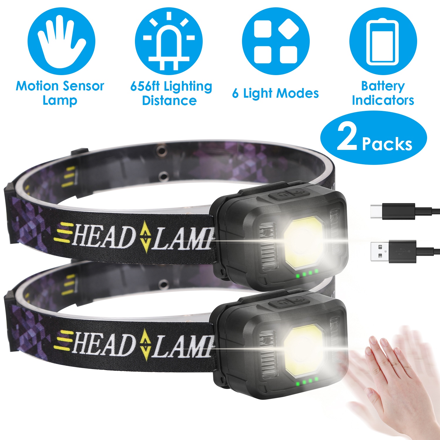 Lampe frontale rechargeable 2x 6 modes pêche camping