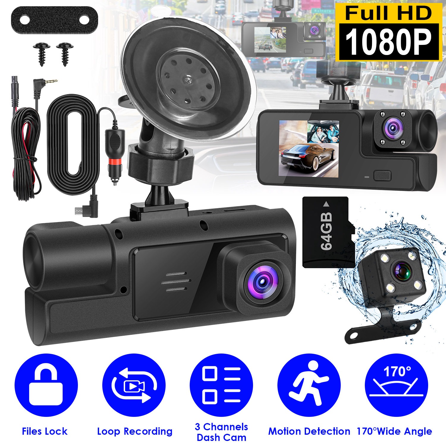 Caméra tableau bord WiFi 3 canaux 1080P 64G