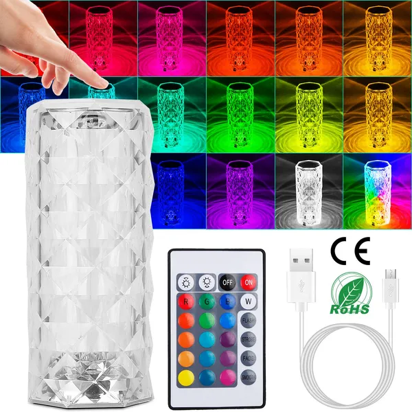 Lampe table cristal rose télécommande dimmable