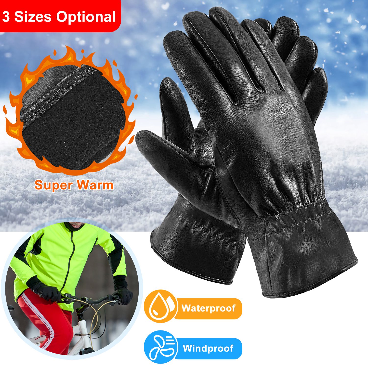 Gants cuir noir unisexe hiver chauds imperméables qualité