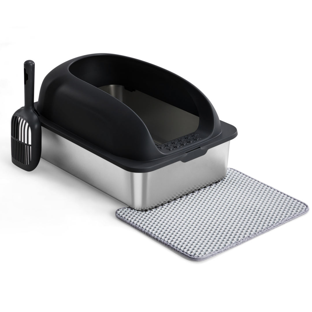 Bac litière chat acier inox couvercle grand, pelle et tapis inclus