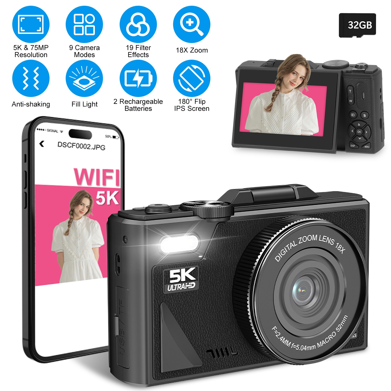 Caméra numérique 5K 75MP antitremblement WiFi vlogging 18X zoom