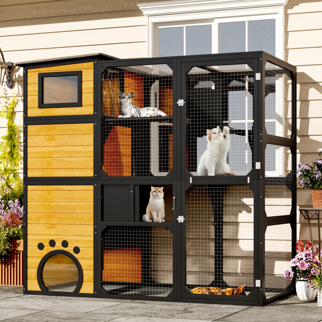 GO Catio grand chat 4 étages extérieur, maison chat fenêtre, brun
