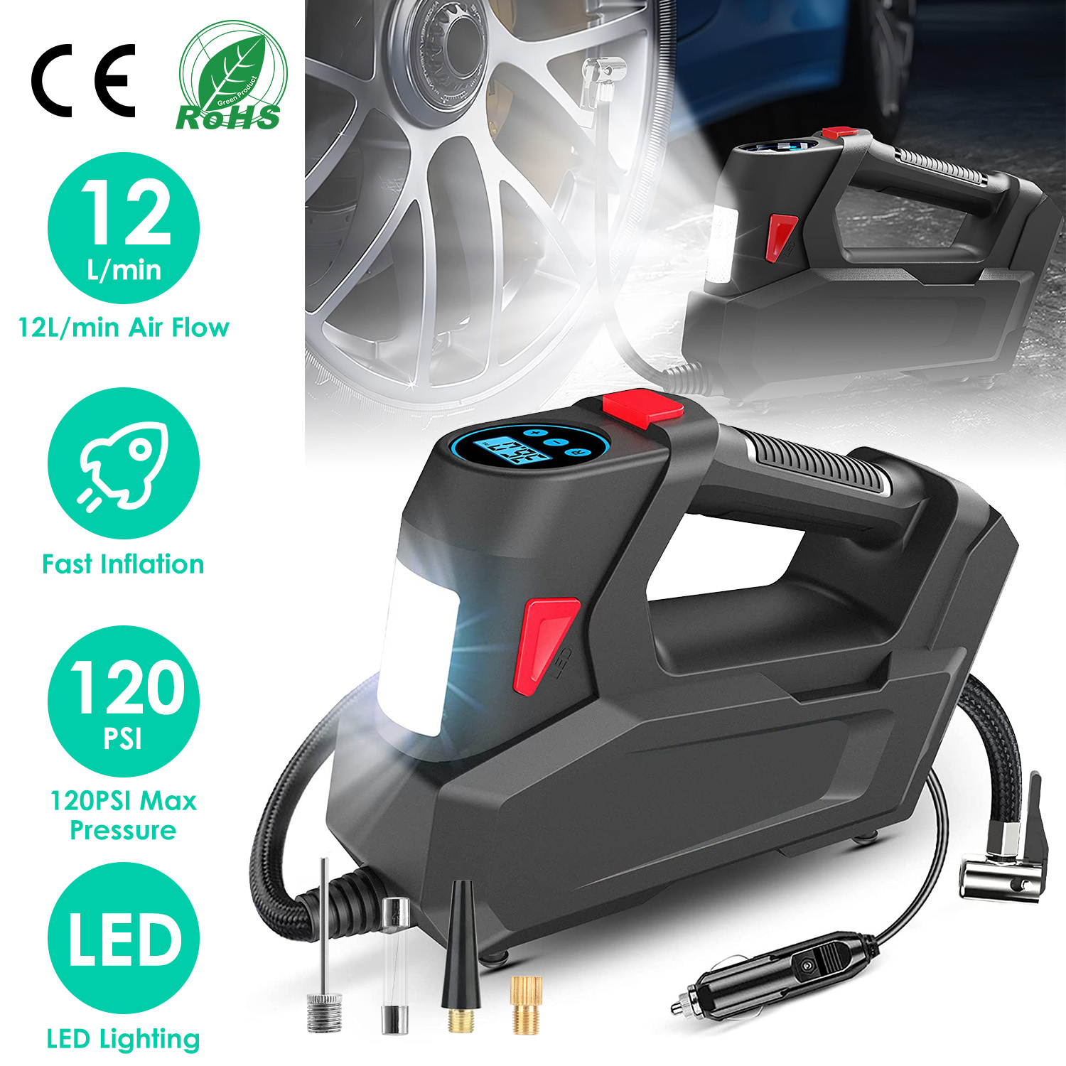 Gonfleur pneu portable 120 PSI 90W LED