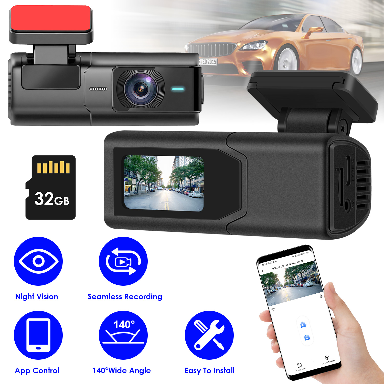 Caméra Dash 2K HD IPS écran vision nocturne WiFi 32G