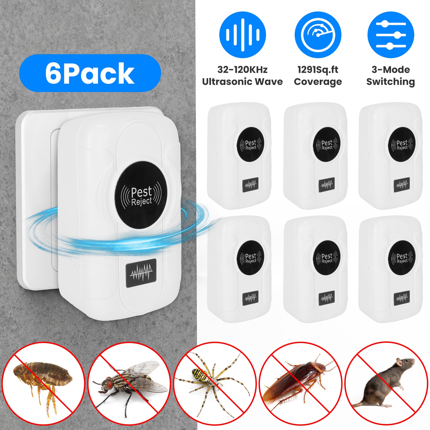 Répulsif Ultrason Insectes 32-120KHz 6 Paquets 3 Modes