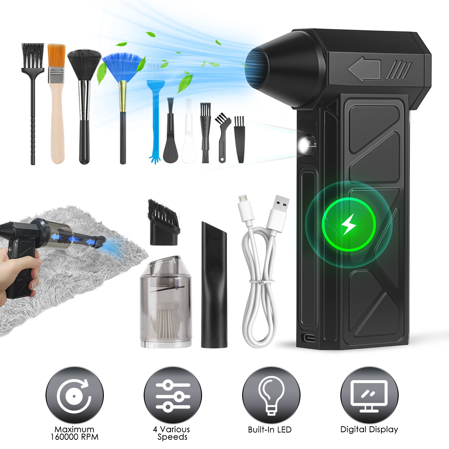 Soufflette air comprimé LED rechargeable 160000RPM 4 vitesses