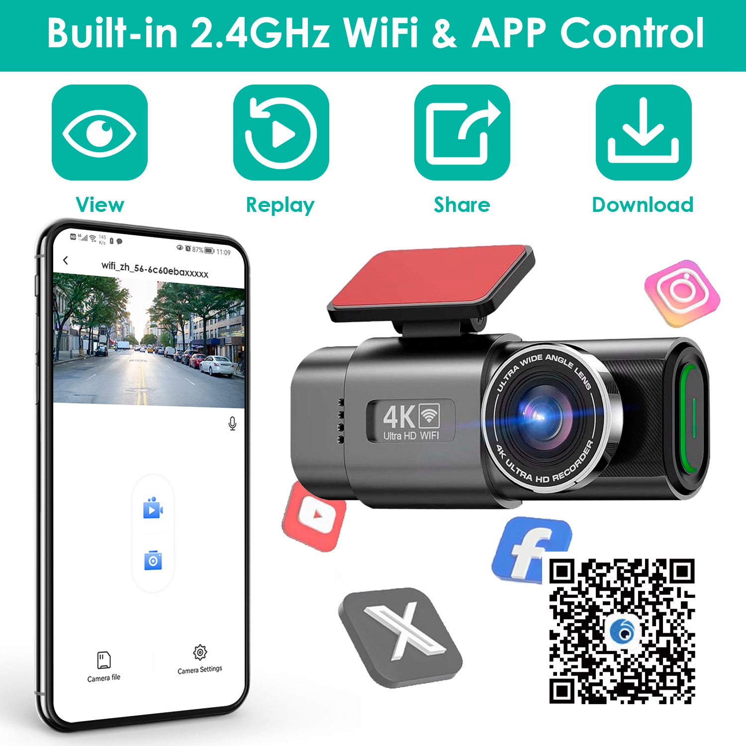 Caméra 4K tableau de bord WiFi 2.4GHz, vision nocturne