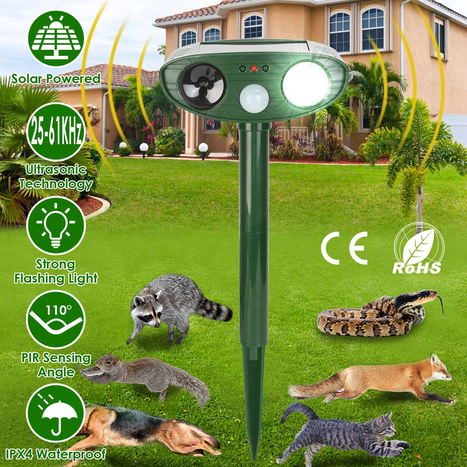 Répulsif animal solaire ultrasonique PIR IPX4