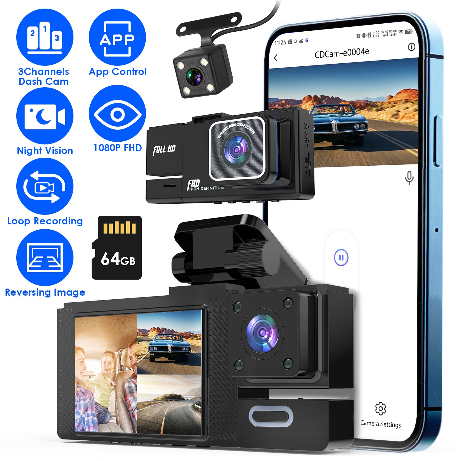 Caméra auto WiFi FHD 1080P 3 canaux vision nuit 170°