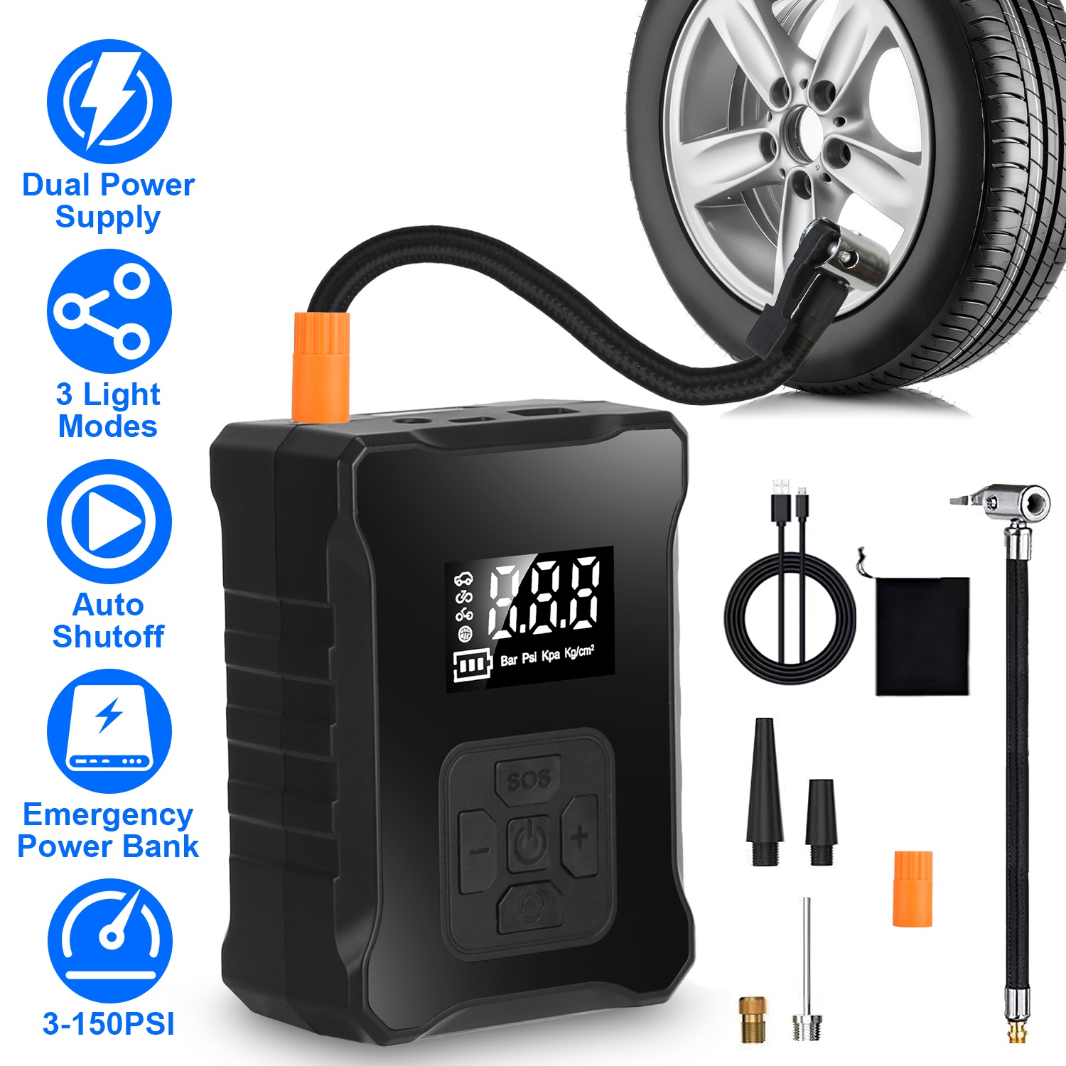 Gonfleur pneu 150PSI cordless digital LED banque énergie