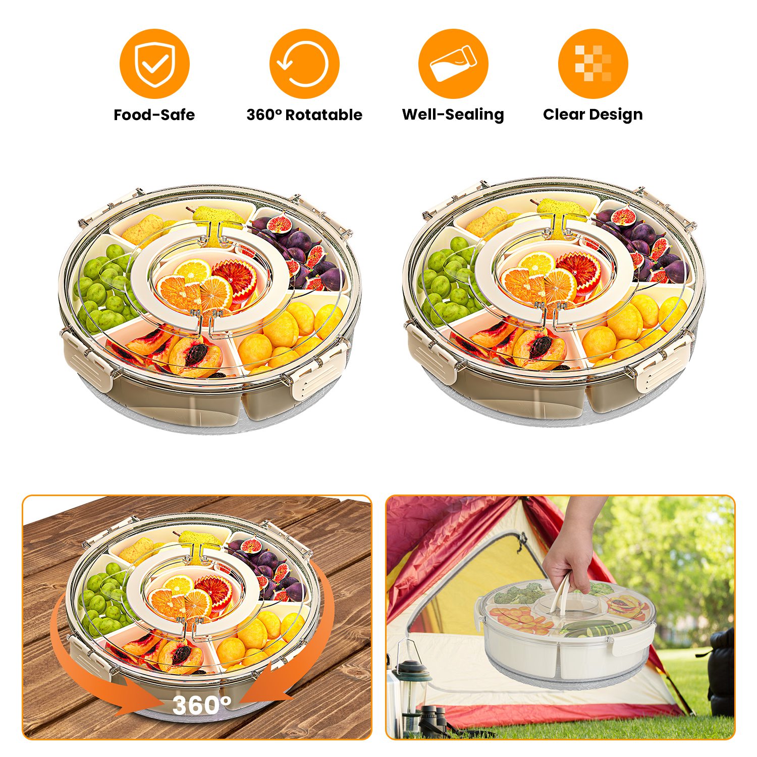 2 plateaux service divisé couvercle rotatif 360° boîte à collations