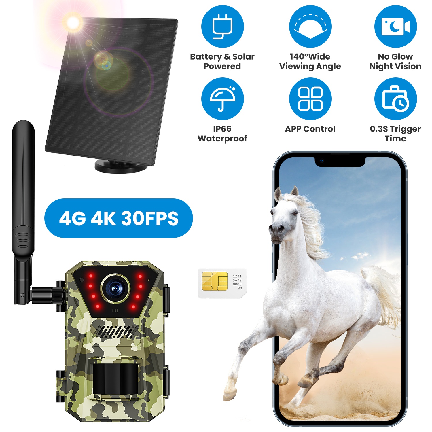Caméra sentier 4G 4K 30FPS solaire mouvement IP66 140° vision nocturne sans WiFi