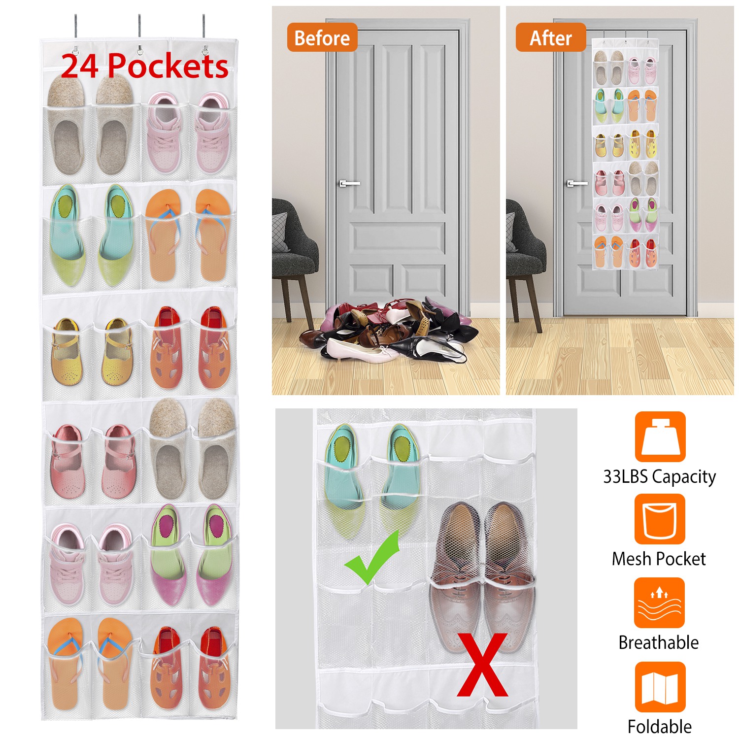 Organiseur chaussures porte 24 poches cristal transparent