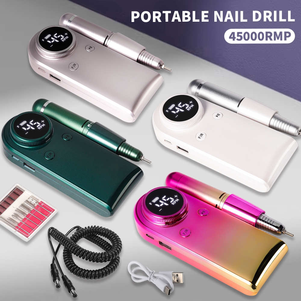Kit perceuse à ongles 45000 tr/min avec 6 forets, rechargeable