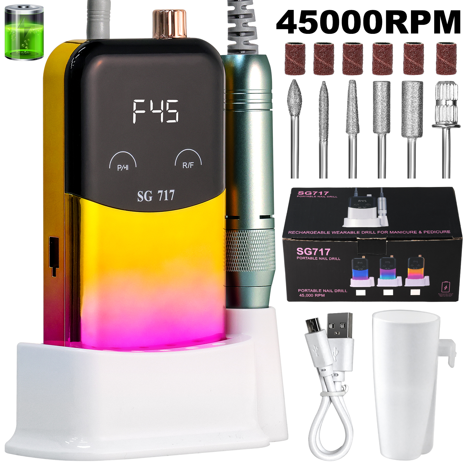 Perceuse ongles électrique 45000 tr/min portable rechargeable