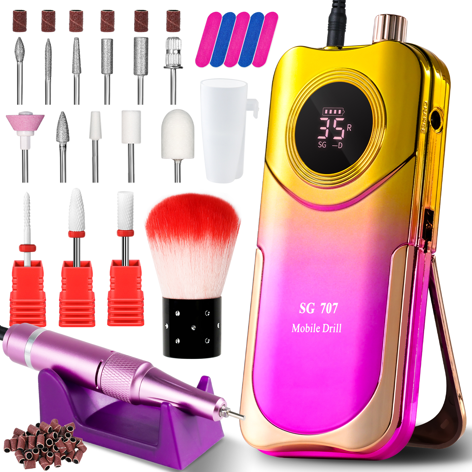Perceuse à ongles portable 35000 tr/min, rechargeable avec support