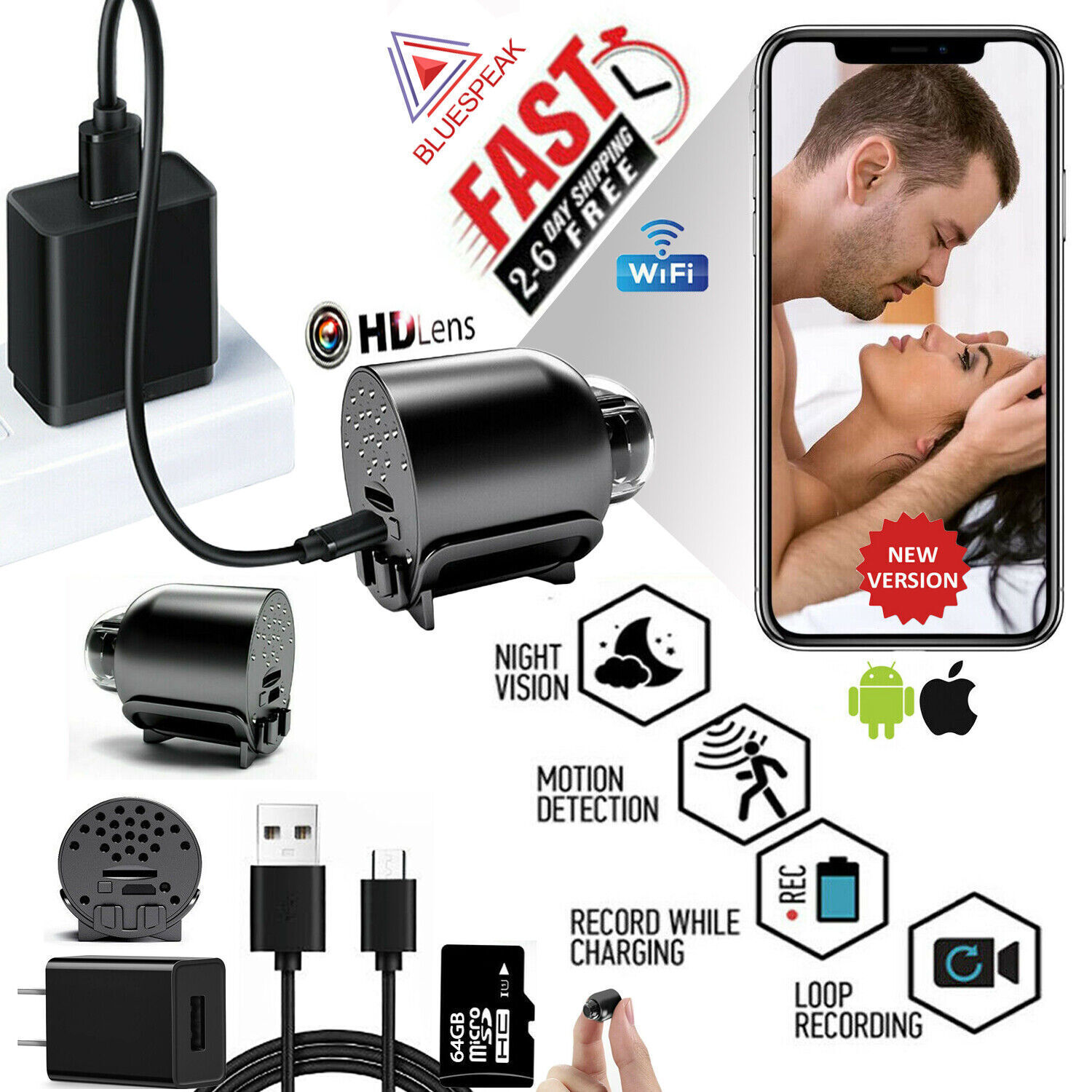 Caméra espion WiFi 64GB HD vision nocturne 1080P
