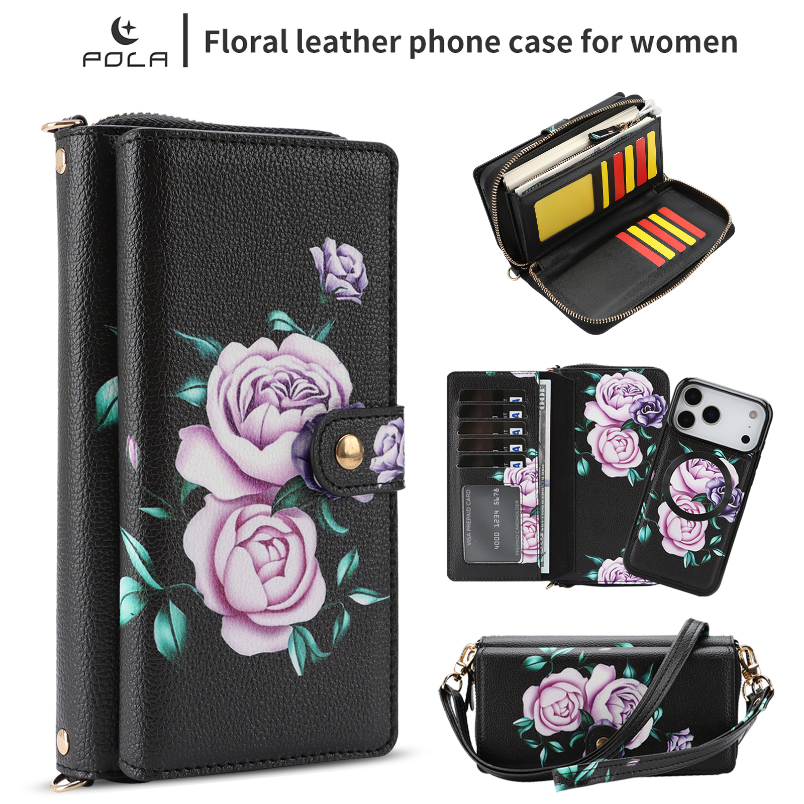 Étui portefeuille téléphone 17 Pro Max cuir PU floral RFID