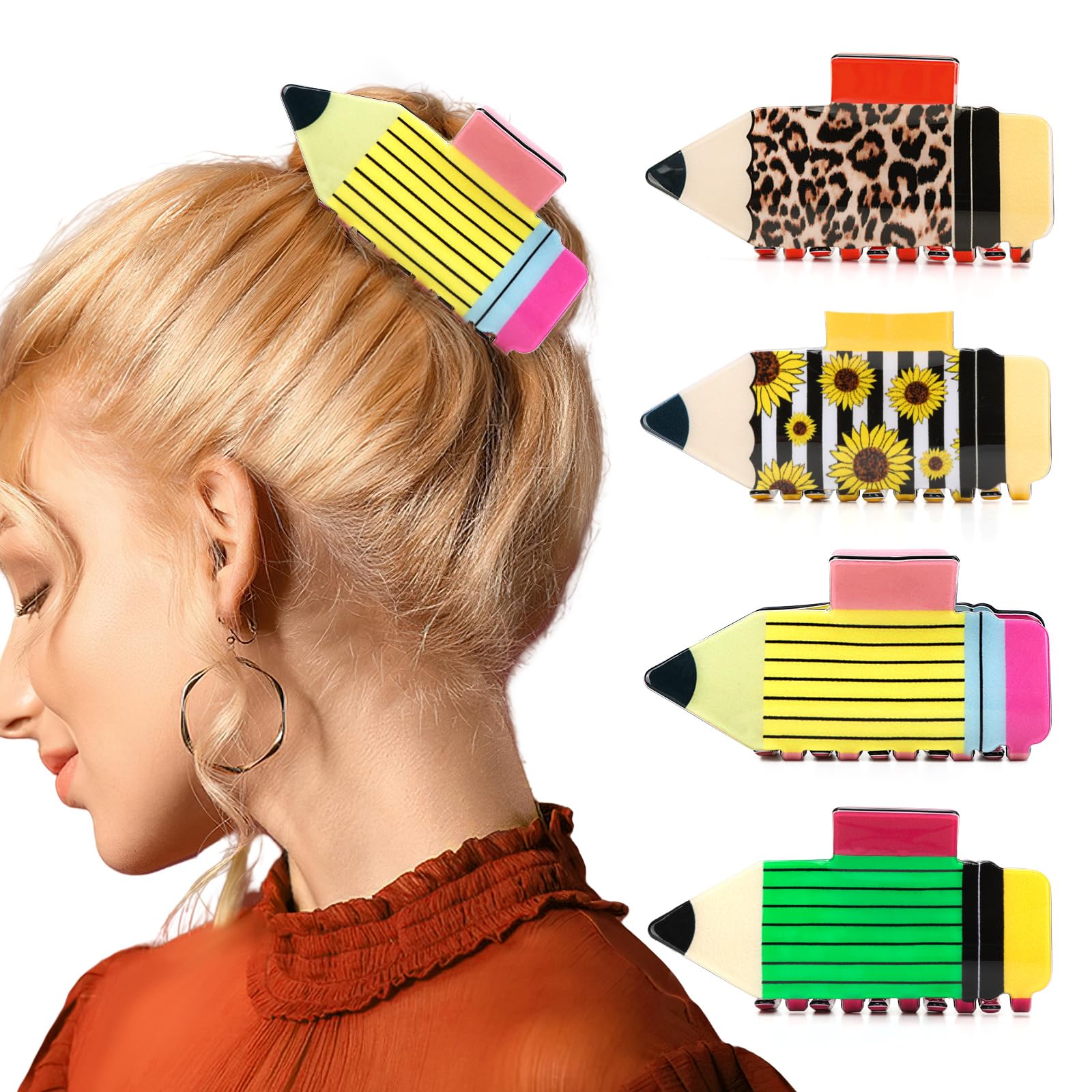 4 Pcs Pinces Cheveux Crayon Retour à l'École Tournesol Léopard