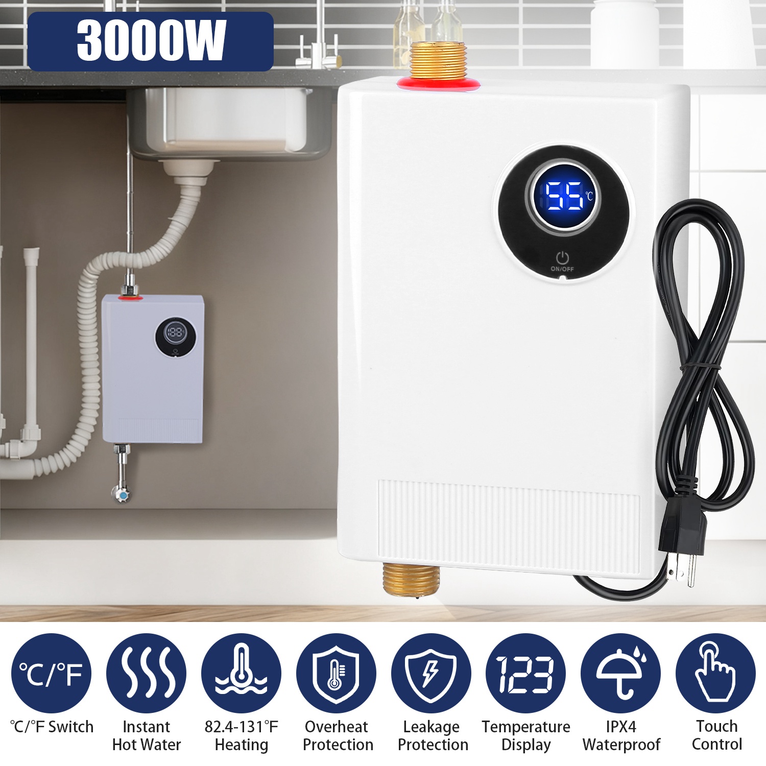 Chauffe-eau électrique sans réservoir 3000W, affichage numérique, RV