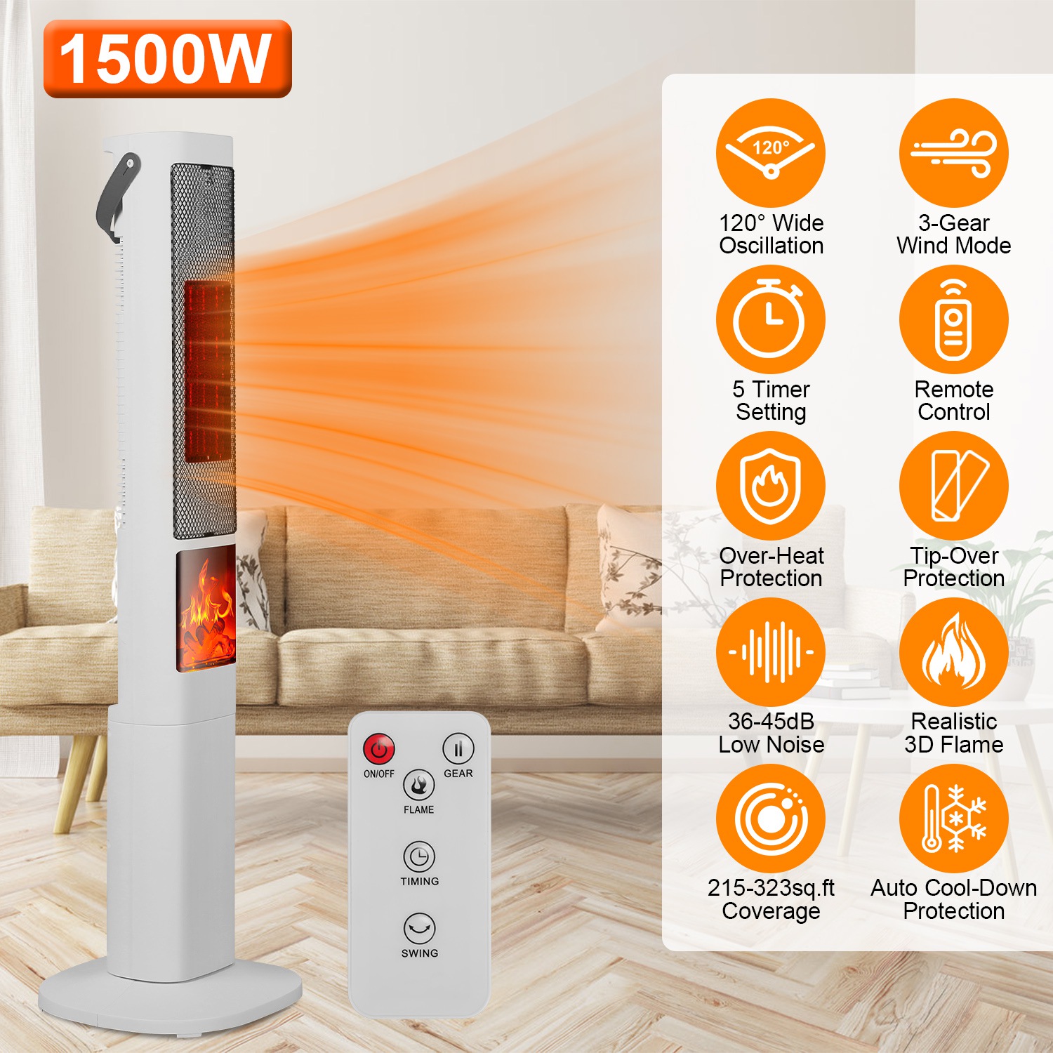Radiateur tour céramique oscillant 1500W 3 vitesses télécommande