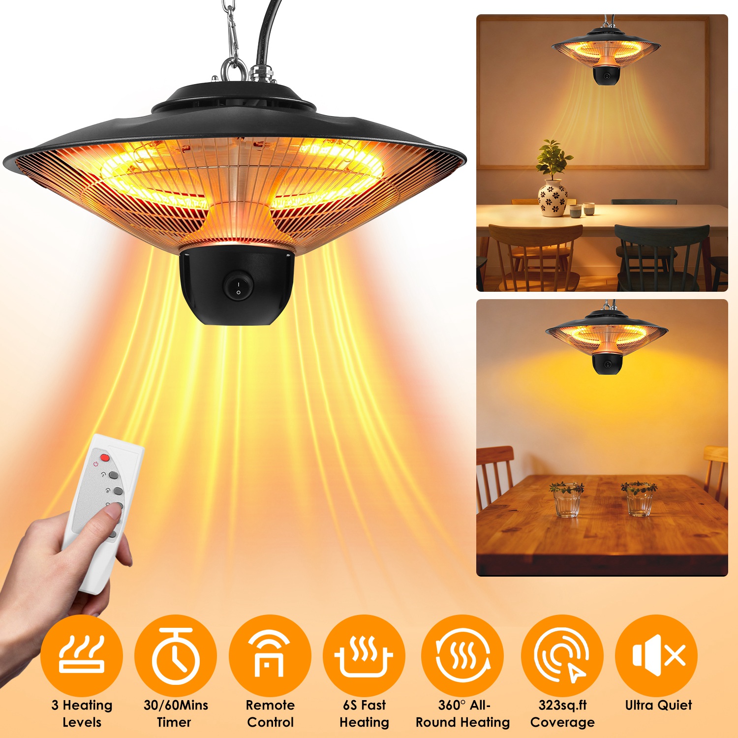 Chauffage patio électrique suspendu 1500W IP23