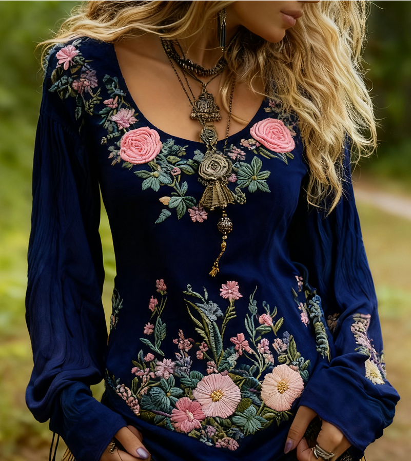 Chemise Femme Rose Vintage Broderie Florale