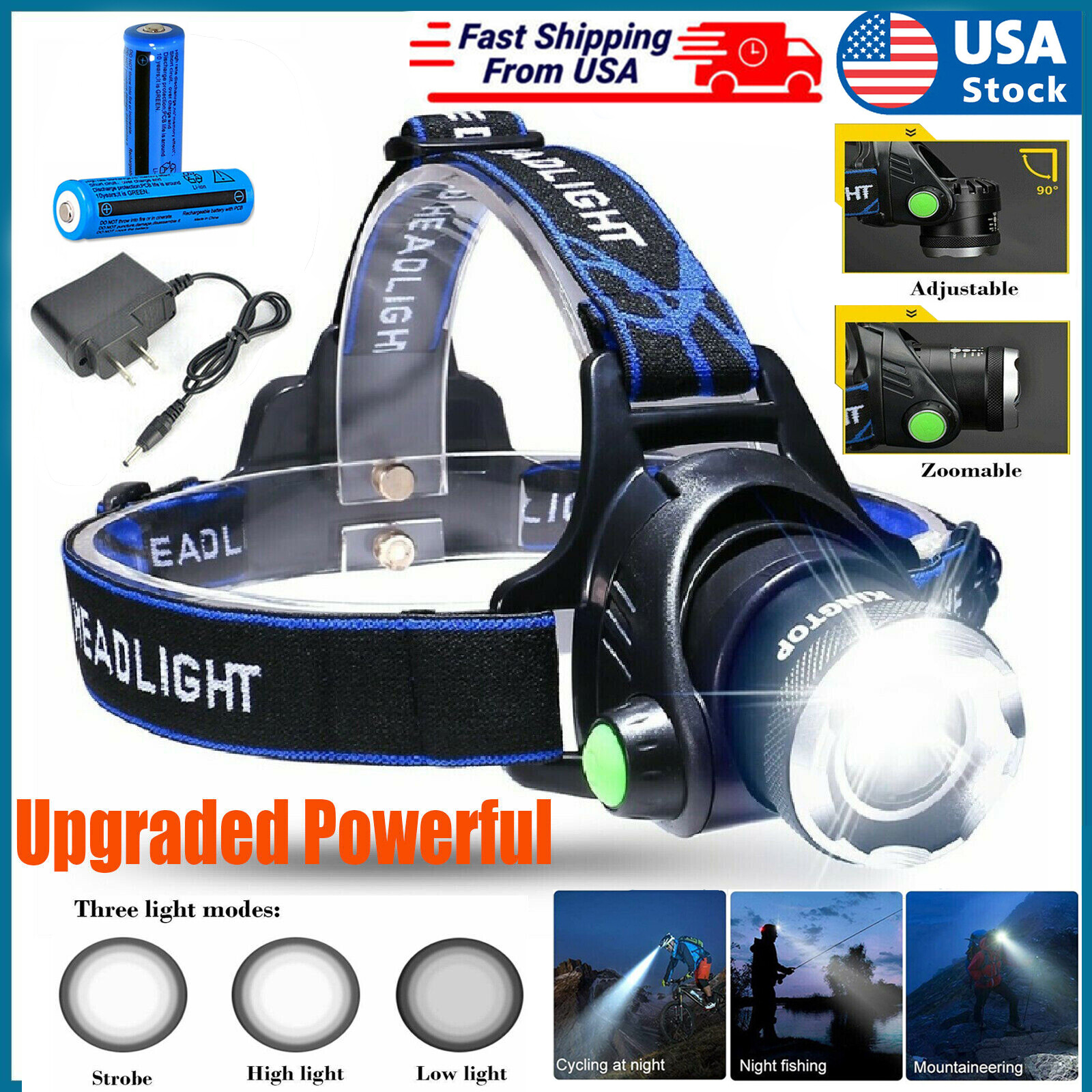 Lampe frontale LED rechargeable 3 modes zoom super brillant