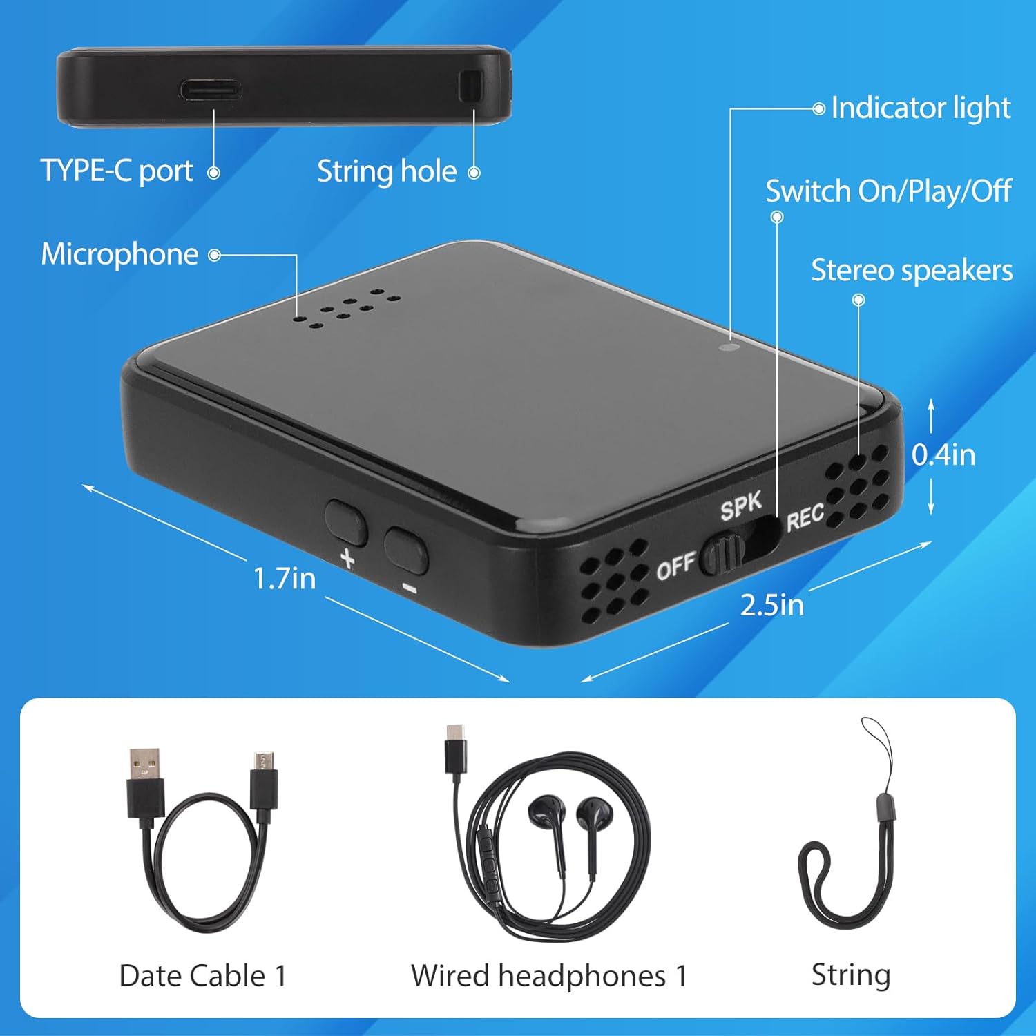 Enregistreur activé voix magnétique 60h continu USB-C réunions cours