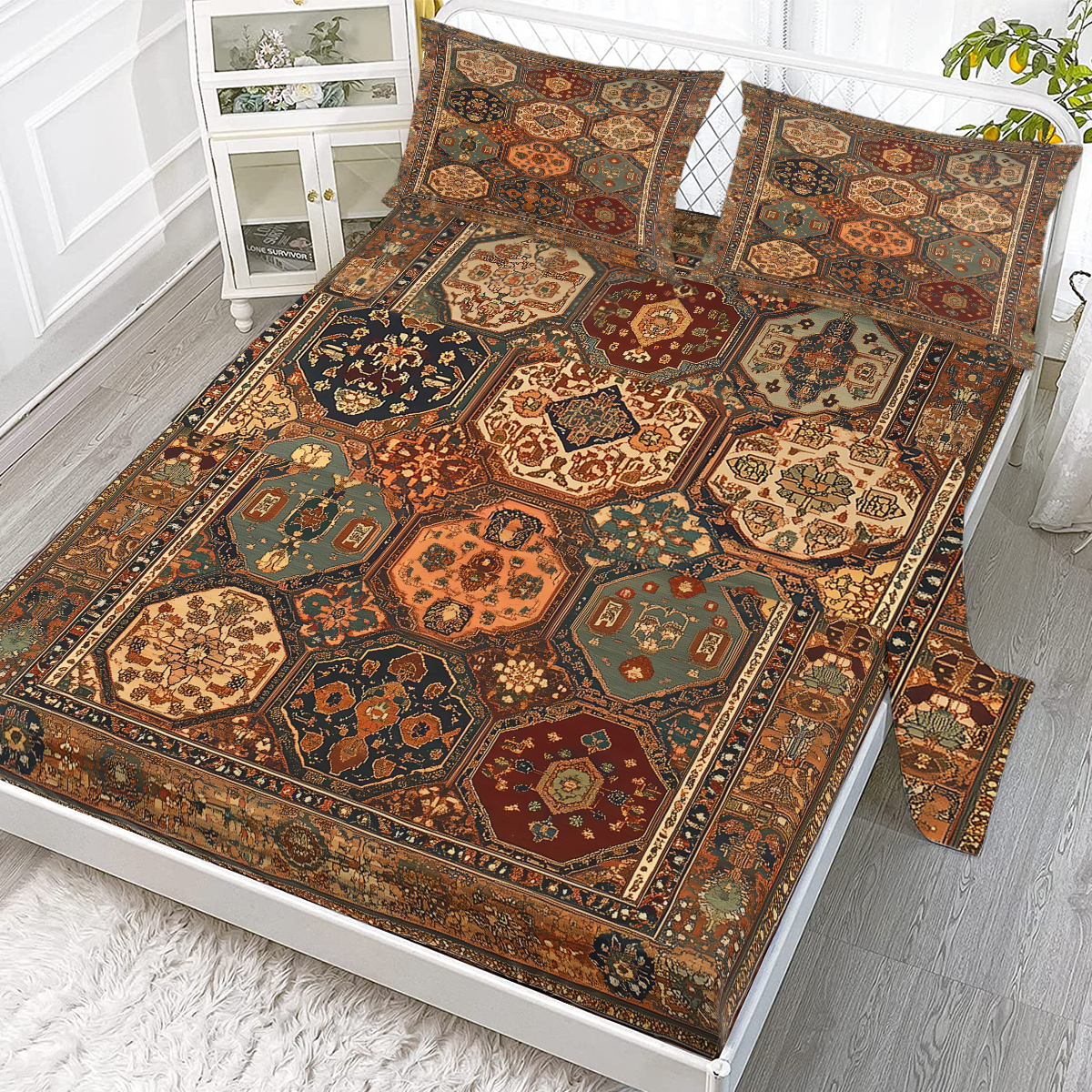 Parure lit 4 pcs coton géométrique, toutes saisons