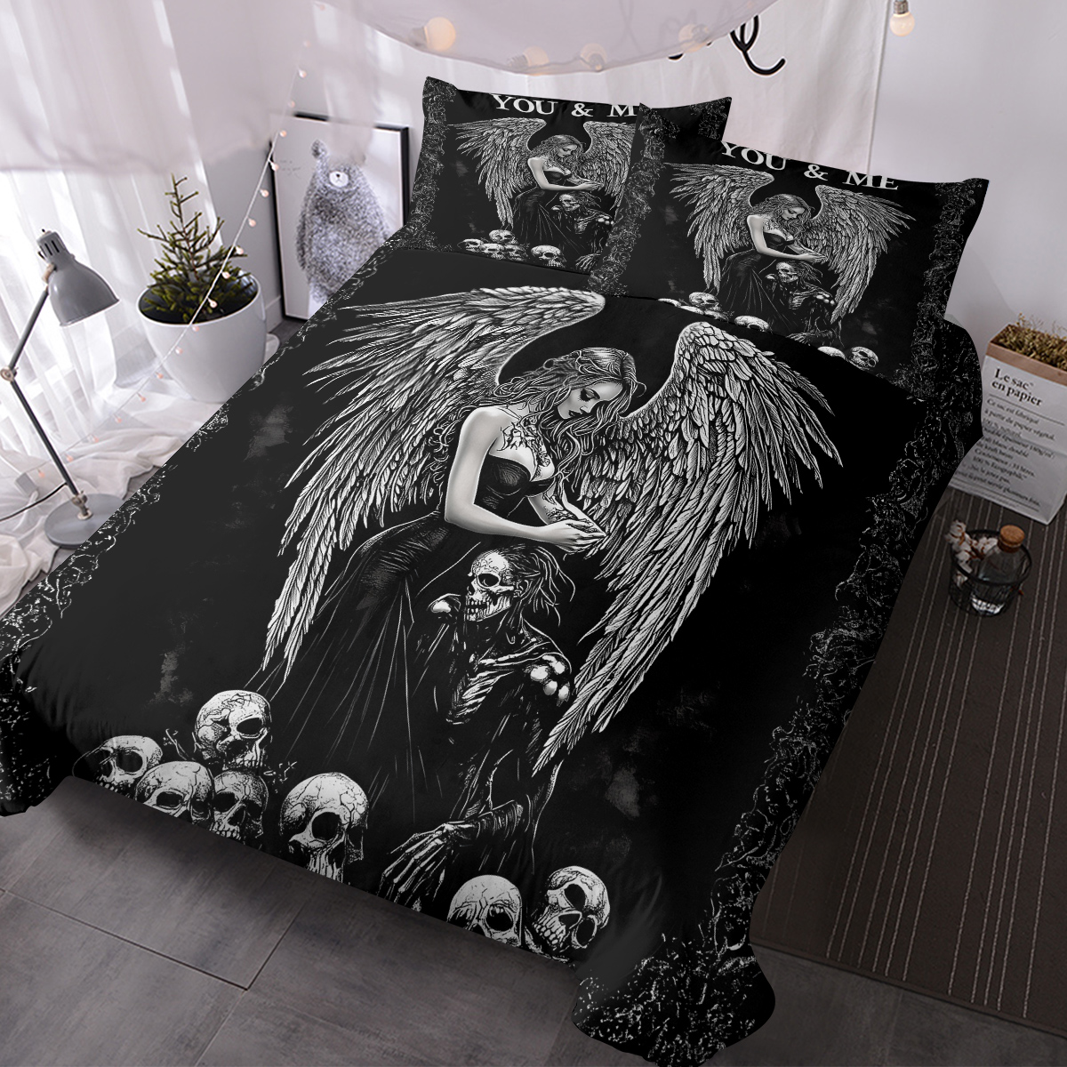 Ensemble de literie 3 pcs thème crâne Dark Angel, toutes saisons